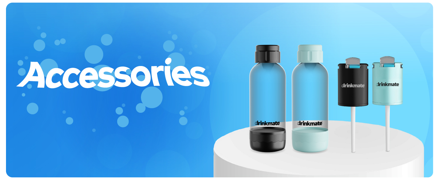 Image of two drinkmate bottles and straw lids with text reading accessories.