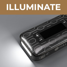 HALO device with built-in LED flashlight activated