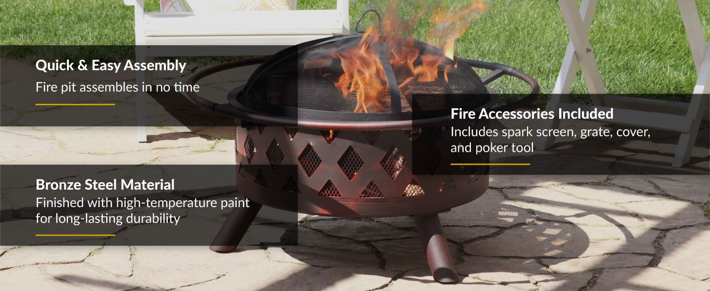 Quick and easy assembly includes spark screen grate cover and poker tool made of durable steel