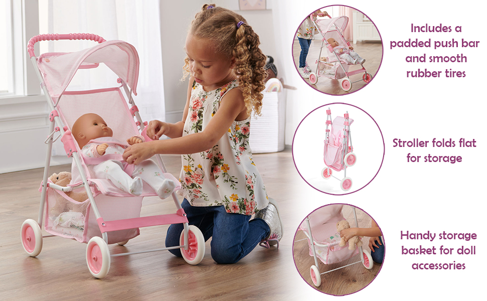 A girl tending to a doll in a toy stroller