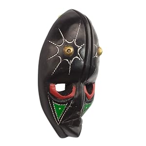 NOVICA Artisan Handcarved African Black Multicolor Wooden Mask From Ghana