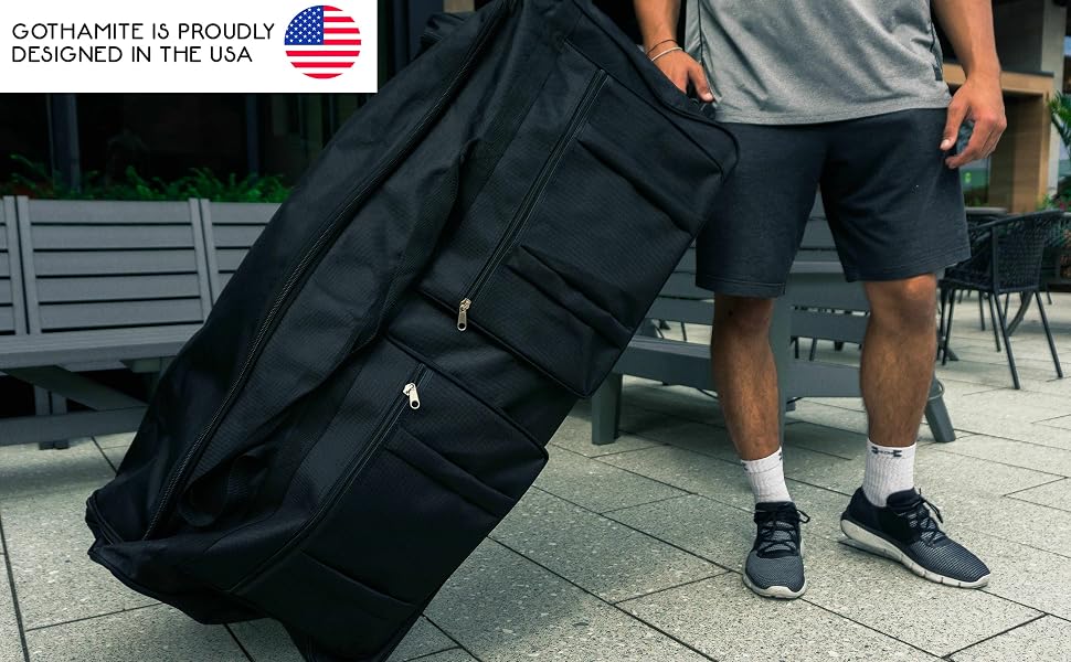 duffle bag with rollers, 40 inch rolling duffle bag, oversized bag, heavy duty travel bag, suitcase
