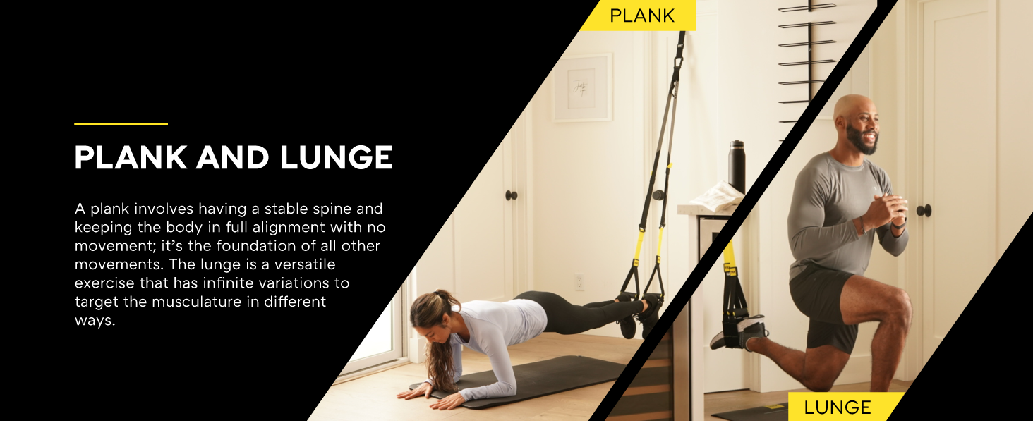 Two people exercising with Suspension Trainers. Text reads: Plank and lunge.