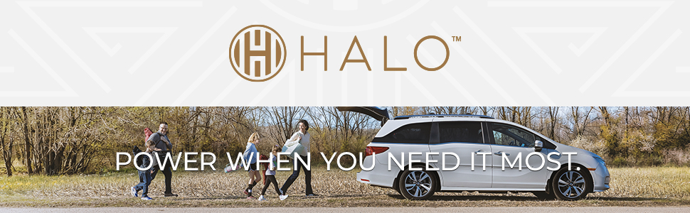 Halo lifestyle scene; family approaching minivan outdoors with tagline: Power When You Need It Most