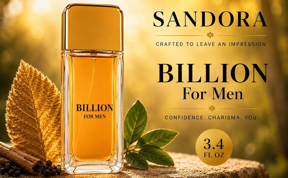 1 Billion For Men eau de parfum bottle on a golden background with a decorative leaf, cinnamon