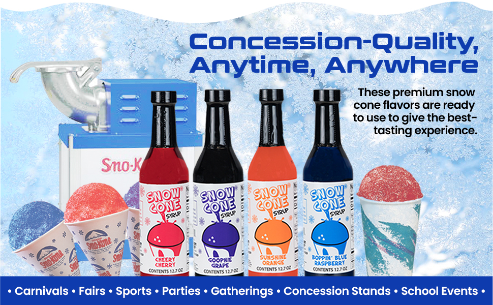 Snow Cone Syrup 12.7oz Four Pack Blue Raspberry Cherry Grape Orange