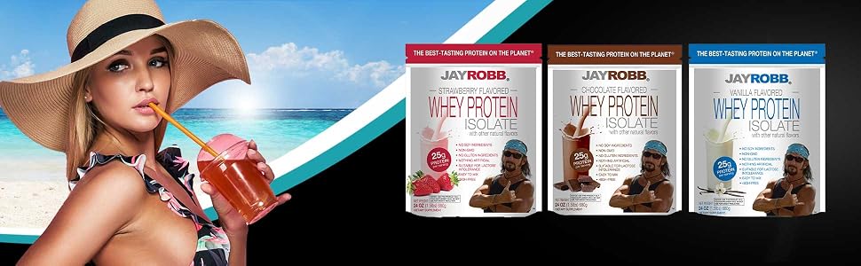 Woman on beach with protein shake and whey protein packets