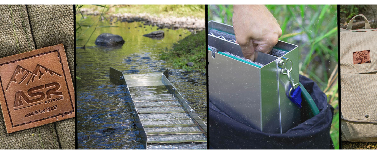 gold prospecting equipment lifestyle photo collage with 30L canvas backpack and folding sluice box