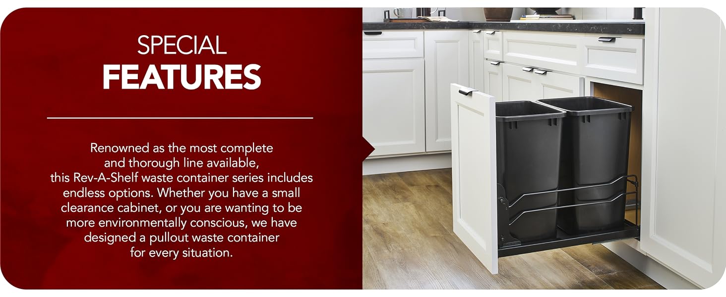 Pullout waste containers shown beside product feature text.