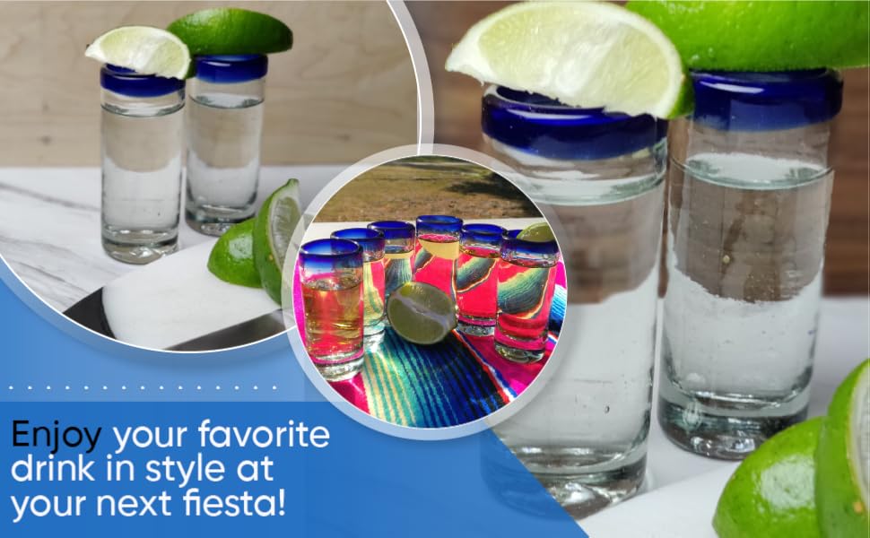 mexican tequila shot glasses blue rim hand blown 2oz recycled glass artisan