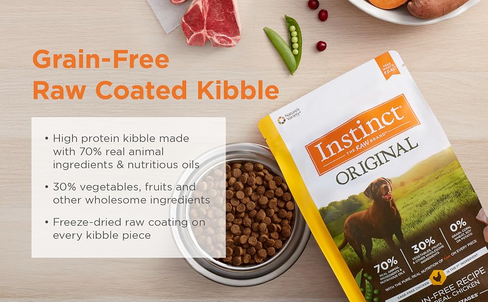 grain free kibble, dog food, instinct, high protein dog food