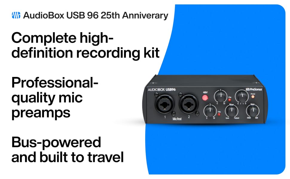 Complete high-definition recording kit with professional mic preamps.Bus-powered and built to travel