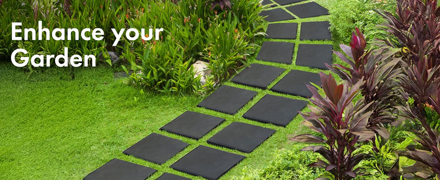 Stomp stones in a colorful garden. Text reads: Enhance your Garden