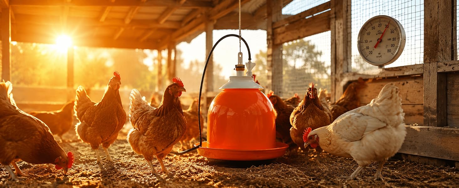 chickens gathered around bell matic waterer in hot weather drinking