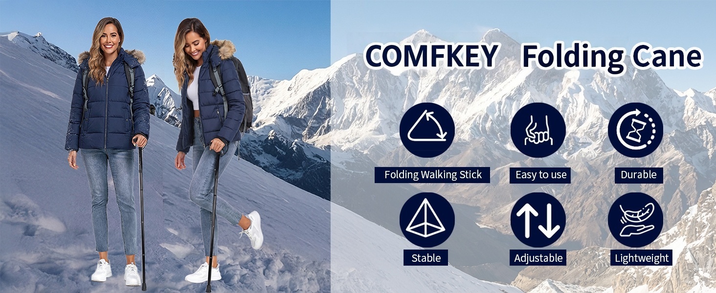 Folding Lightweight Walking Stick - Adjustable Aluminum Metal Collapsible Travel Cane
