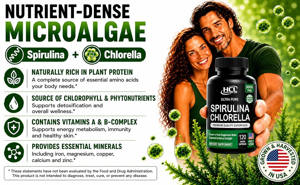 organic spirulina chlorella powder capsules plant protein hcl herbal code labs