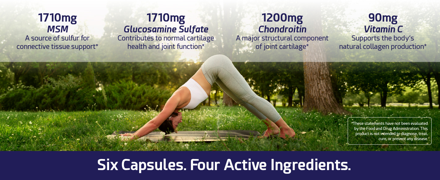 Woman in a downward-dog pose with callouts for MSM, glucosamine sulfate, chondroitin, vitamin C