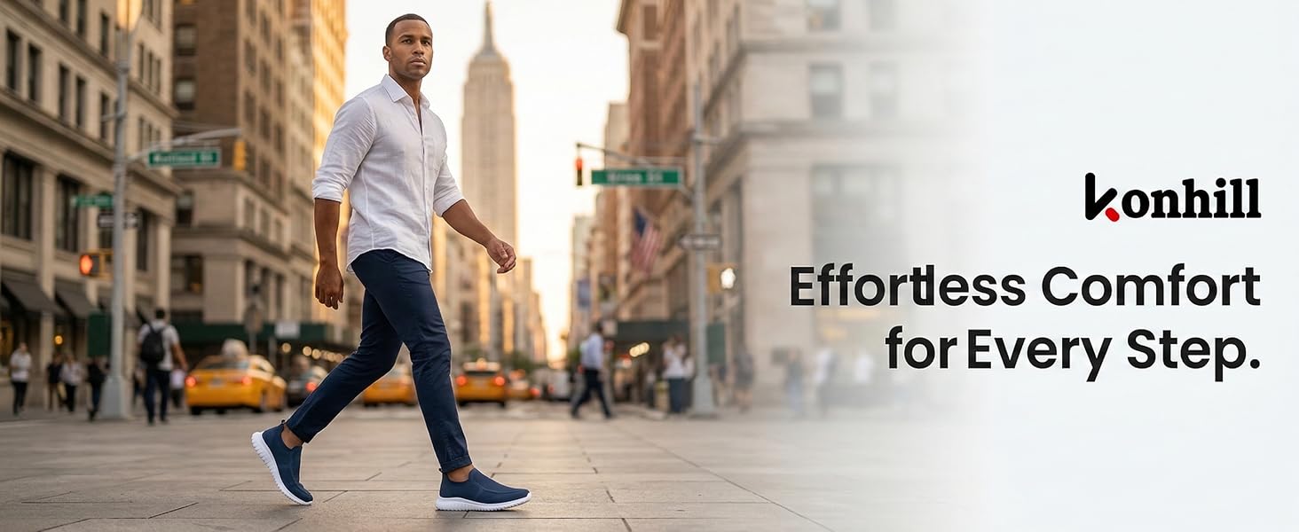 konhill man walking on sunny street wearing konhill white slip on lightweight men&amp;#39;s walking shoes.