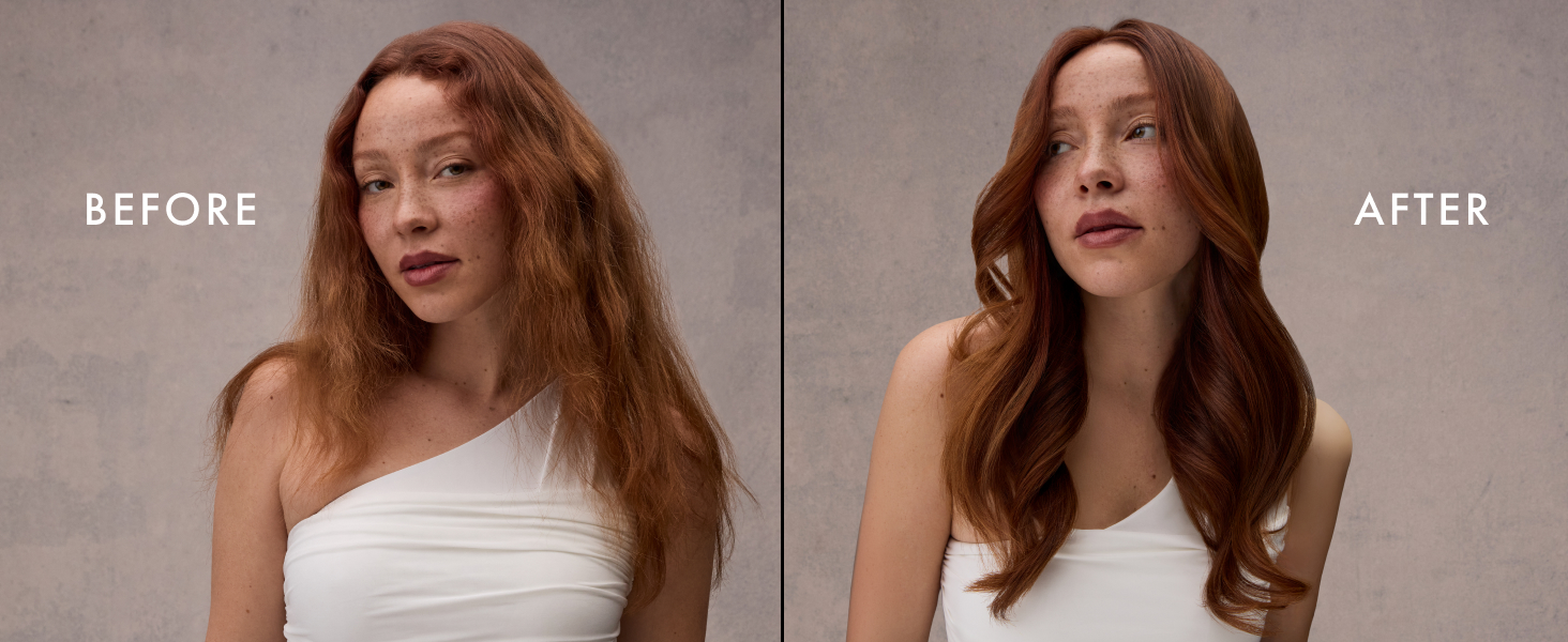 Before and after images of the same woman going from damaged to healthy-looking hair.