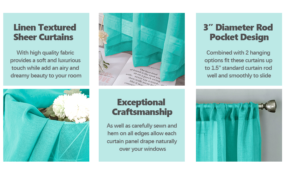 linen textured curtains, 3” rod pocket, 2” bottom hem, durable polyester fabric, drape well