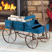 Blue wooden country wagon display