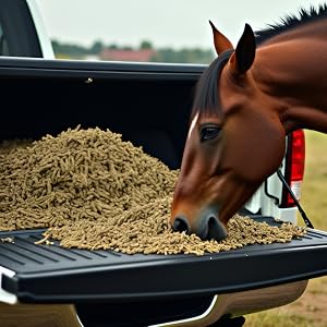 horse eating pellets from a truck