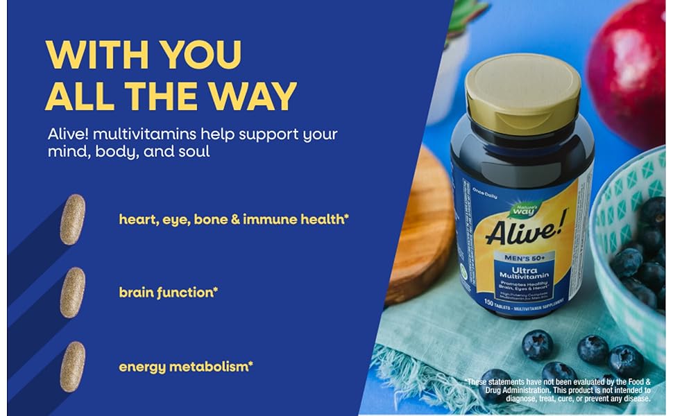 Bottle of Alive! Men's 50+ Ultra Multivitamin sitting on a blue napkin next to a bowl of blueberries