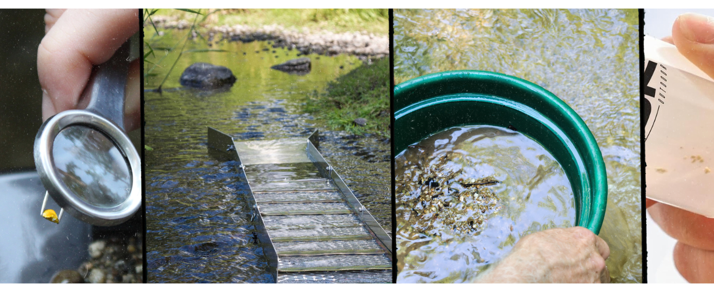 gold prospecting equipment image collage with magnifying twezers classifier screen and sluice box