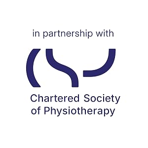 Text reads 'in partnership with Chartered Society of Physiotherapy'. Identical logo to Image 1 with blue curved lines and text.