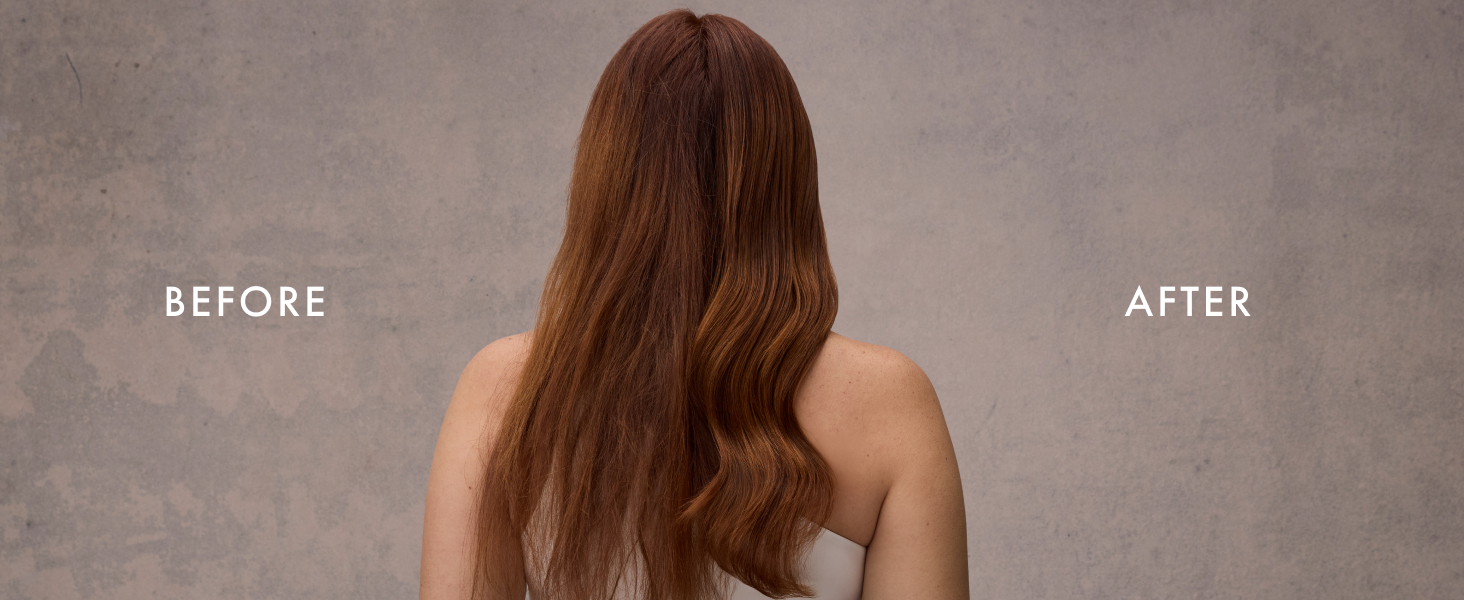 Before/after images of the same woman, from the back, going from damaged to healthy-looking hair.