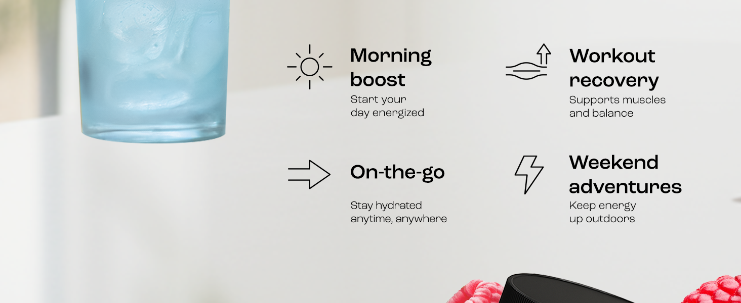Use case scenarios of electrolytes powder morning boost on the go workout adventure