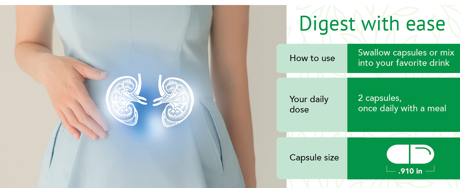 Digest with ease by swallowing 2 capsules once daily with meal