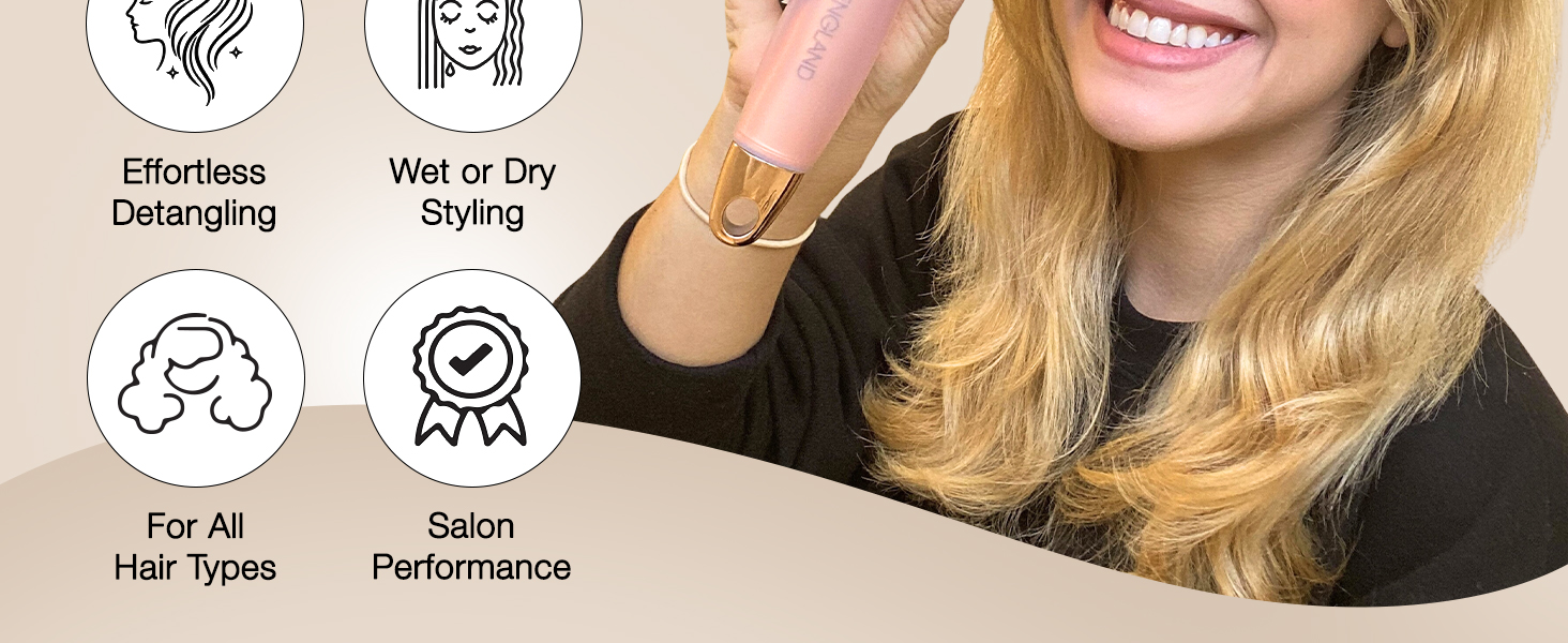 Icons showing 'Effortless Detangling', 'Wet or Dry Styling', 'For All Hair Types', 'Salon Performance'. Hair styling demonstration with visible product results.