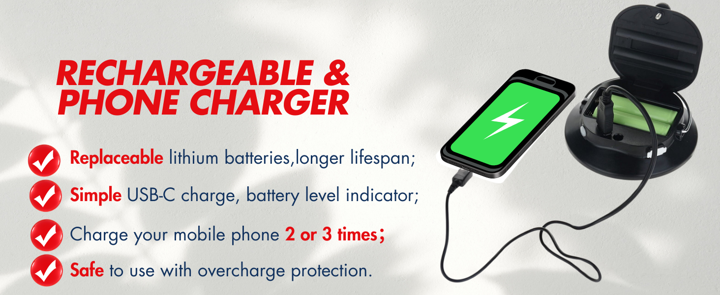 lantern rechargeable or phone charger, replaceable batteries