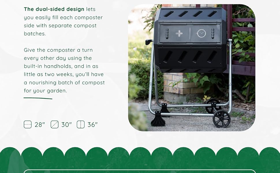 A black double-chamber outdoor compost tumbler bin. Text reads: Dual-sided chamber design.