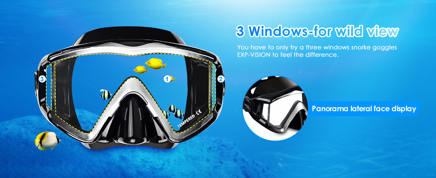 Snorkel Set Pano 3 Adult Snorkeling Gear Anti-Fog Snorkel Mask Dry Top Snorkel Scuba Diving Mask