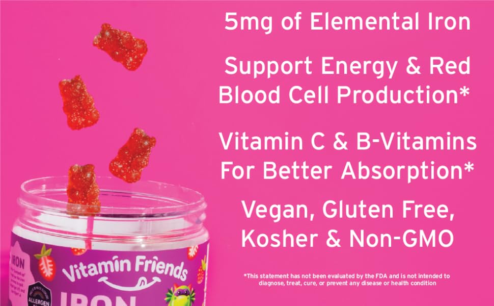 Vitamin Friends Kids Iron Gummies With Vitamin C &amp; Pectin Based Gummies