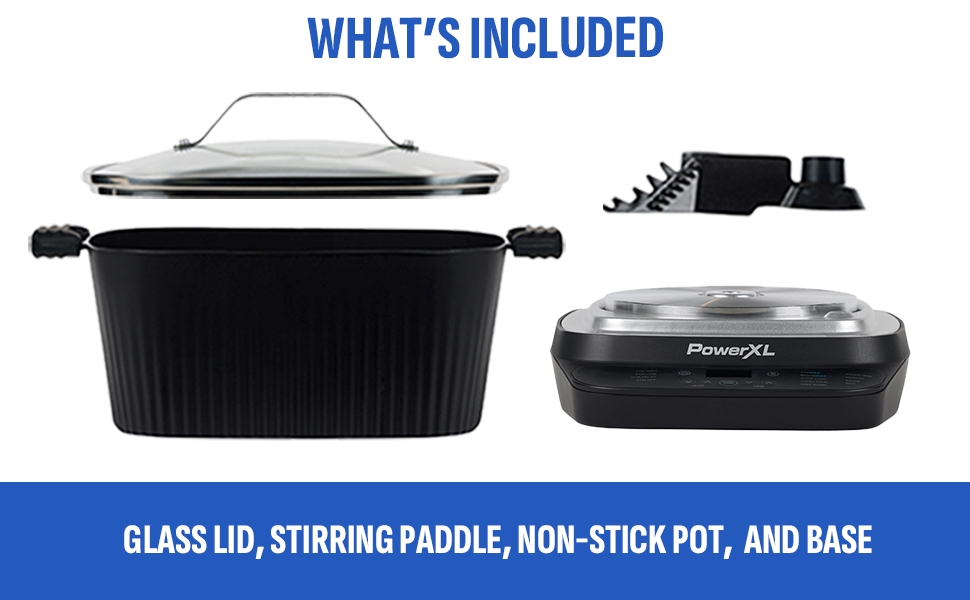 What&amp;#39;s included: Pot, glass lid, auto-stirring paddle, and base