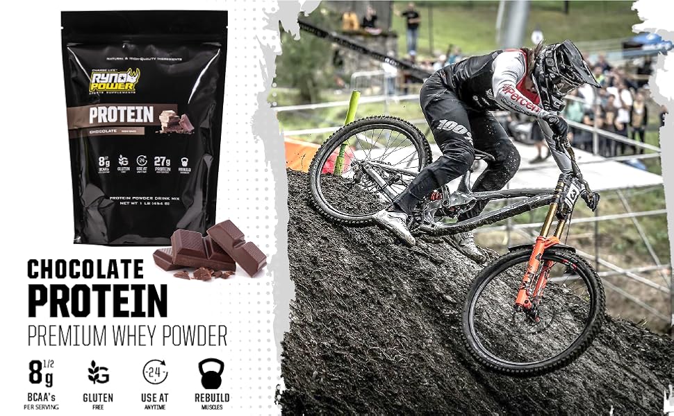Protein premium whey powder chocolate and a man riding a mountain bike.