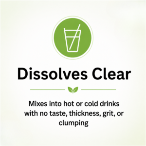 Prebiotic fiber mixes into hot or cold drinks with no taste, thickness, grit, or clumping.