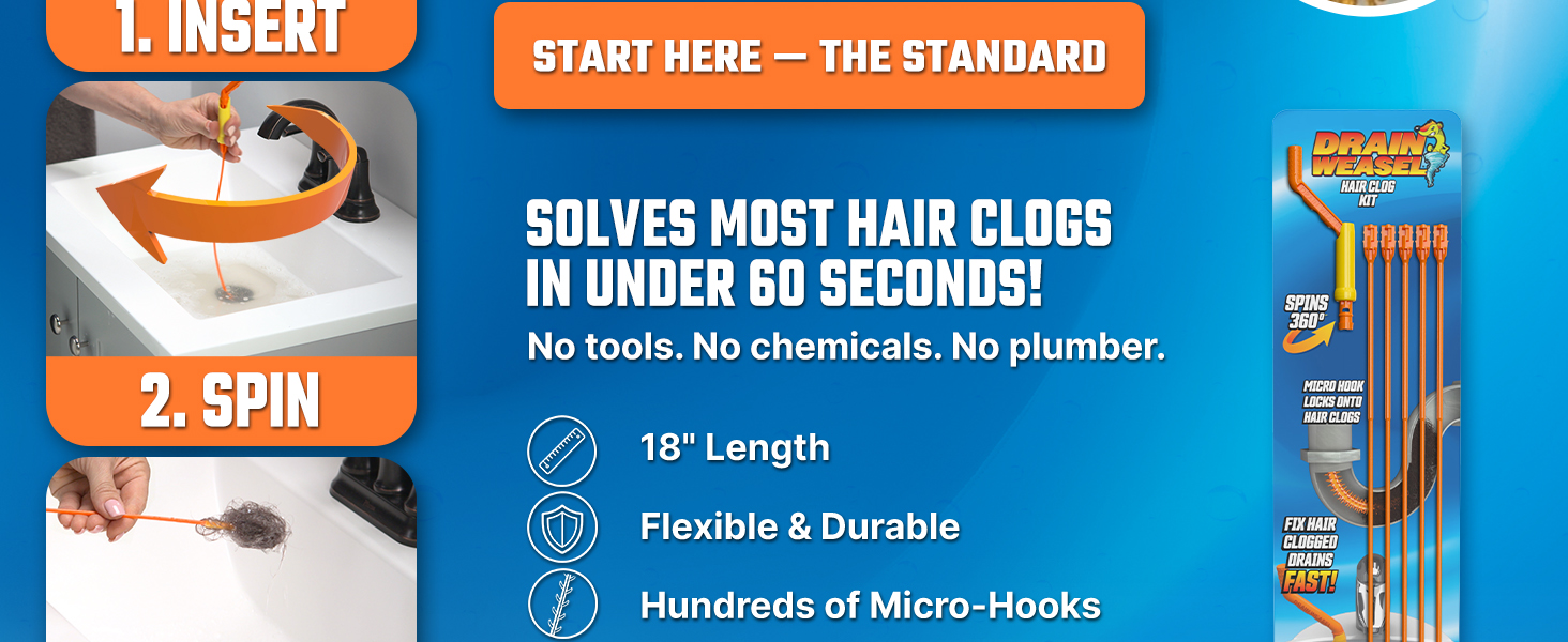 Solves most hair clogs in under 60 seconds