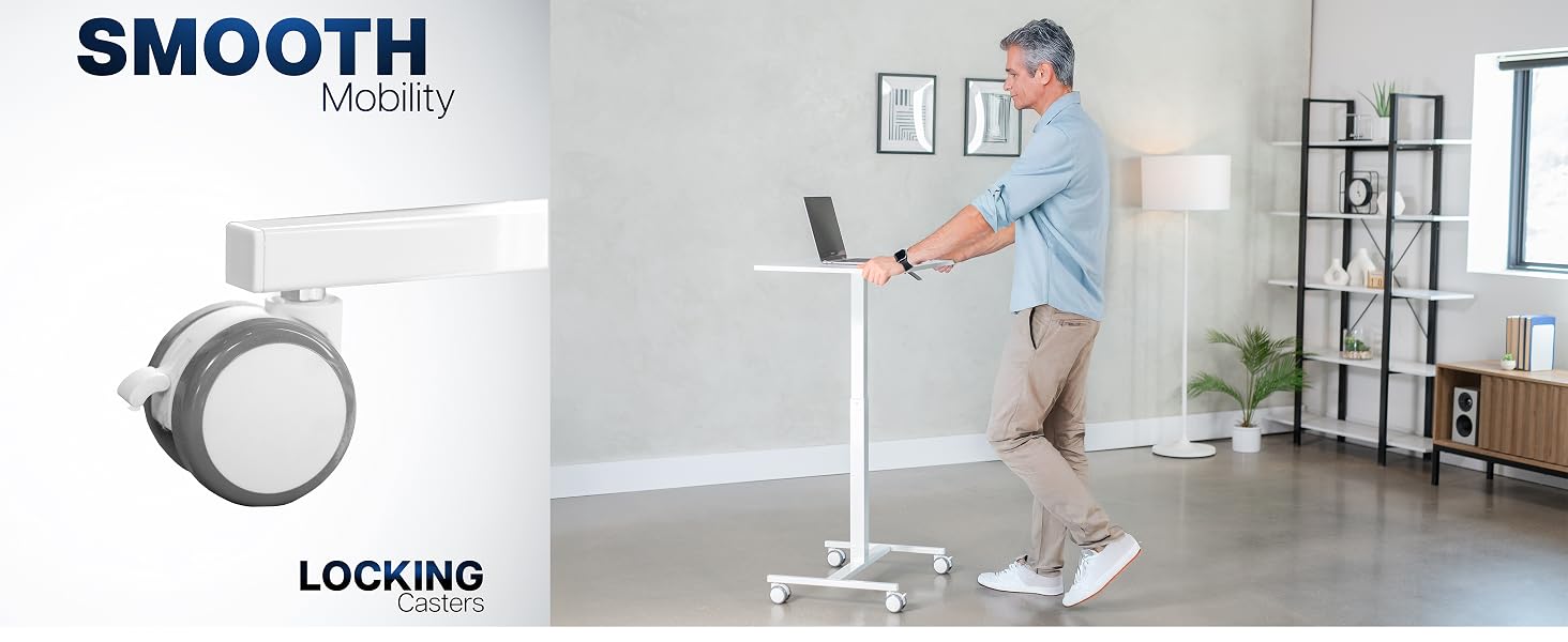 White 24" Pneumatic Mobile Workstation Mobile Desk Sit to Stand Desk Space Efficient Workstation