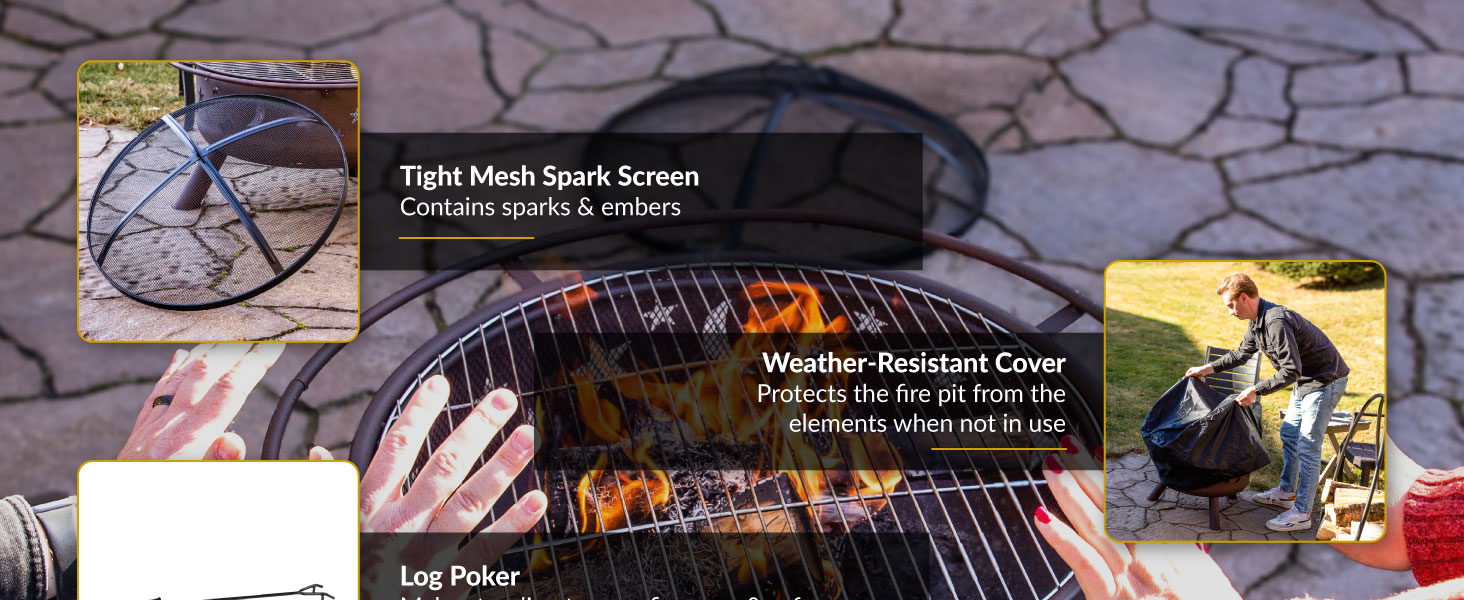 Tight mesh spark screen contains sparks and embers weather resistant cover protects from elements