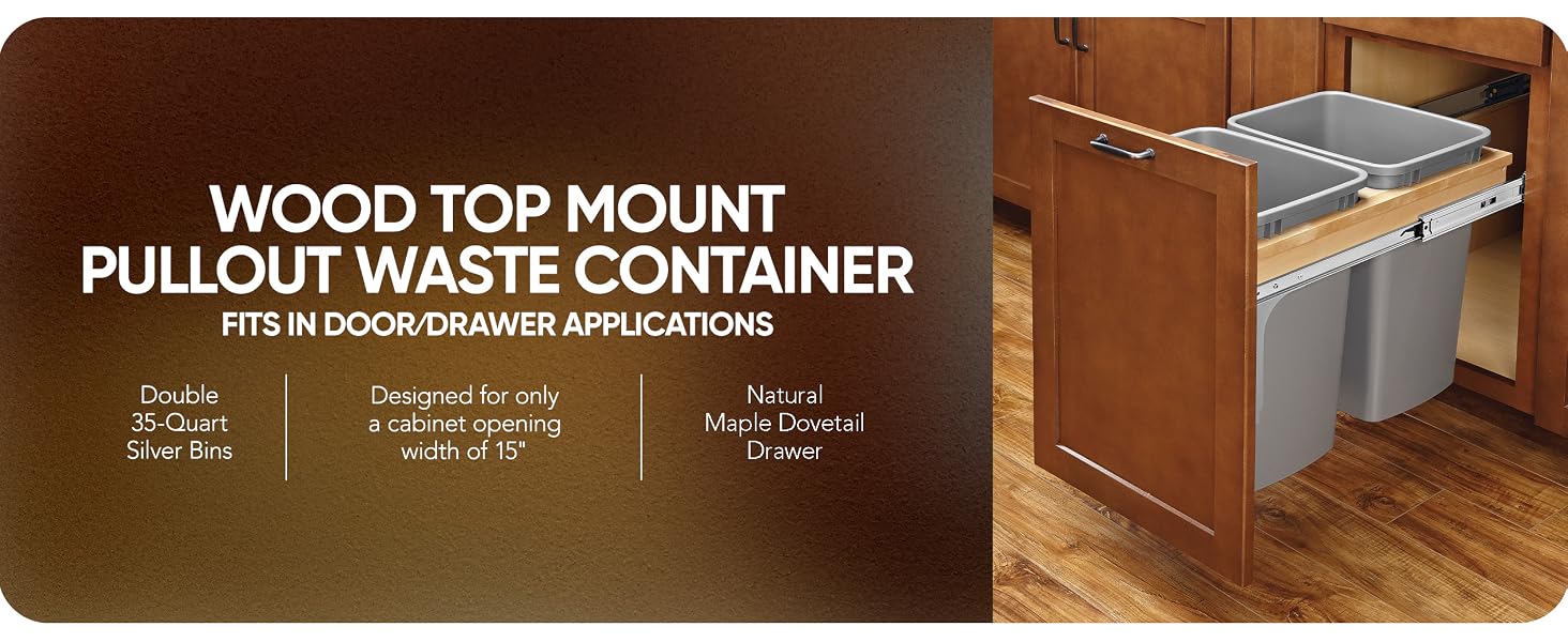 Rev-A-Shelf Pull Out Top Mount Trash Can w/ Soft-Close, 35 Qt, 4WCTM-18BBSCDM2