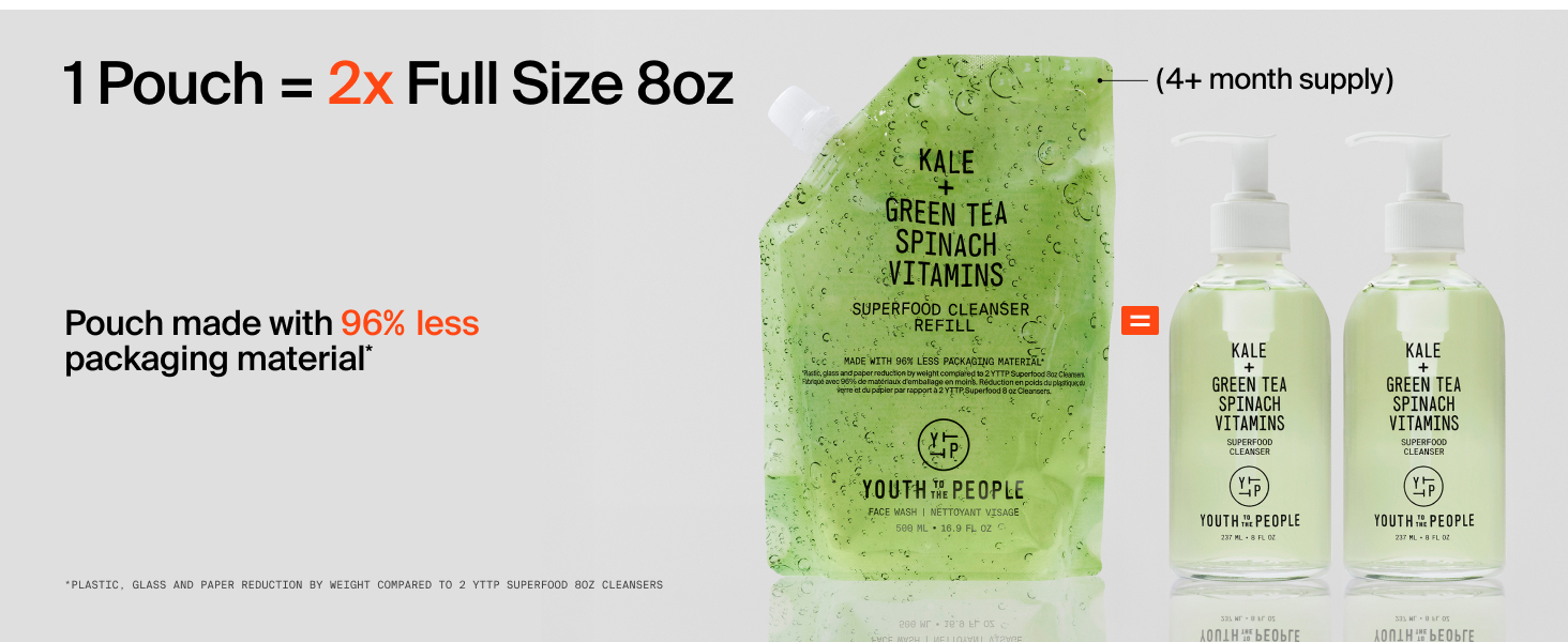 Discover the cleanser refill pouch, able to fill 2x full size bottles