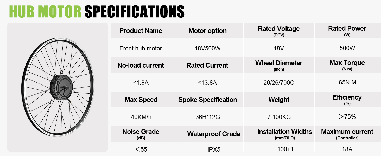 500W front hub motor specification