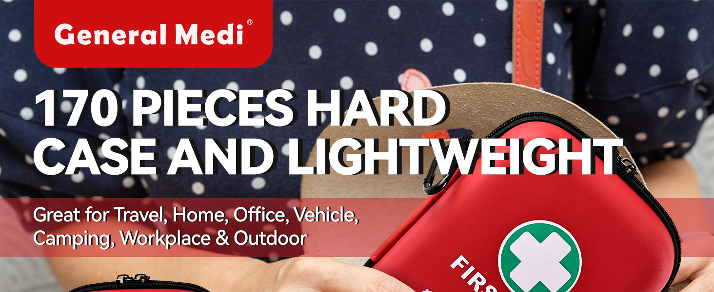 Text reads 'General Medi', '170 PIECES HARD CASE AND LIGHTWEIGHT', 'Great for Travel, Home, Office, Vehicle, Camping, Workplace &amp; Outdoor'. Red first aid kit with white cross symbol.