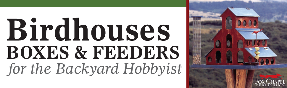 A red wooden birdhouse with feeder, text, Birdhouses Boxes &amp; Feeders for the Backyard Hobbyist