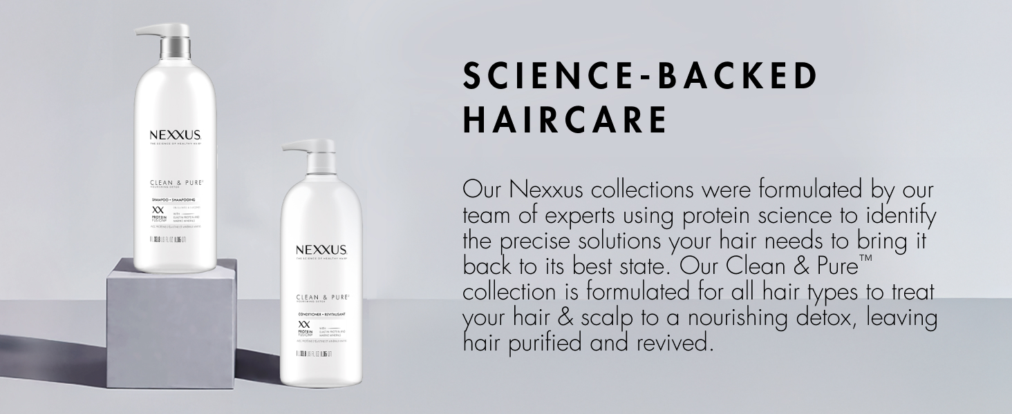 Nexxus Clean &amp; Pure shampoo &amp; conditioner bottles next to text about science-backed haircare.