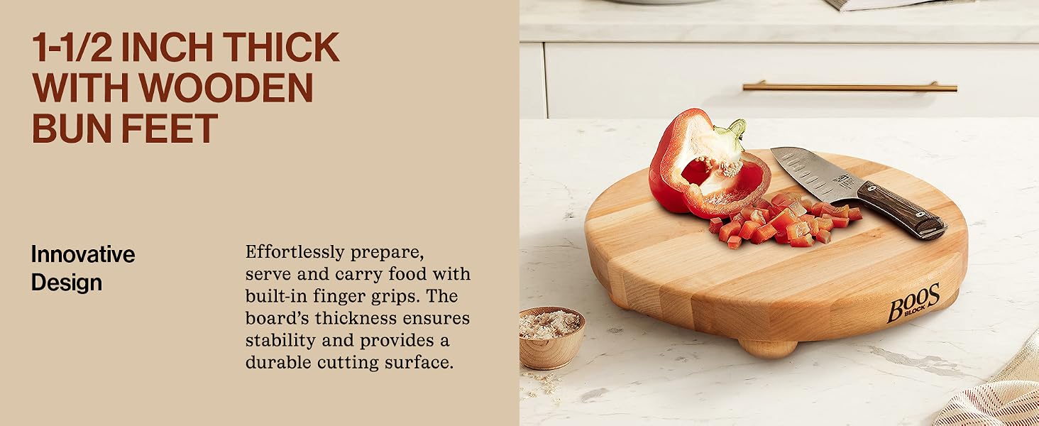 A bell pepper cut into pieces on a cutting board. Text reads: 1-1/2 Inch Thick With Wooden Bun Feet.